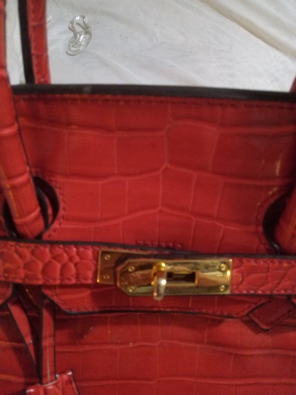 Hermes Red Croc-Embossed Top-Handle Tote - Picture 5 of 7